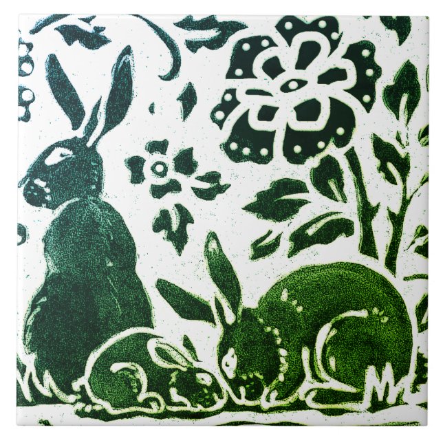 Rabbit Batik Modern Green Blue Floral Woodland Ceramic Tile (Front)