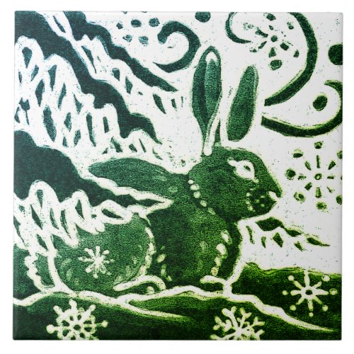 Rabbit Batik Modern Green Blue Winter Woodland Ceramic Tile