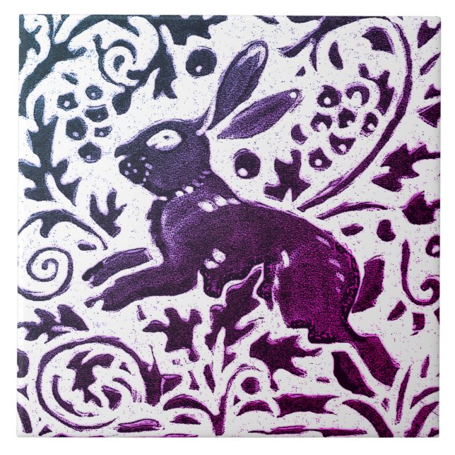 Rabbit Batik Modern Purple Blue Floral Woodland Ceramic Tile (Front)