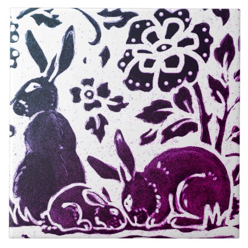 Rabbit Batik Modern Purple Blue Floral Woodland Ceramic Tile