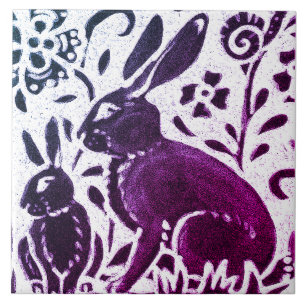Rabbit Batik Modern Purple Blue Floral Woodland Ceramic Tile