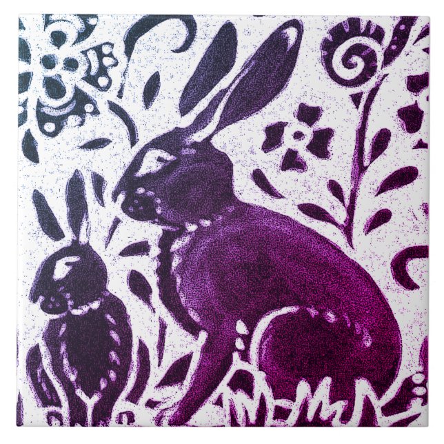 Rabbit Batik Modern Purple Blue Floral Woodland Ceramic Tile (Front)