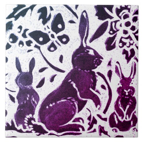 Rabbit Batik Modern Purple Blue Floral Woodland Ceramic Tile