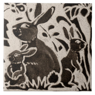 Rabbit Batik Stoneware Woodland Animal Tan Brown Ceramic Tile