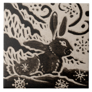 Rabbit Batik Stoneware Woodland Animal Tan Brown Ceramic Tile