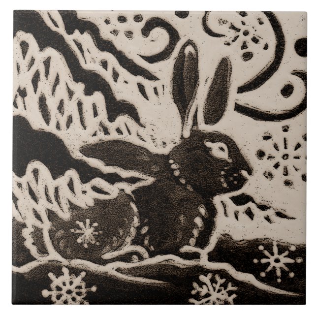 Rabbit Batik Stoneware Woodland Animal Tan Brown Ceramic Tile (Front)