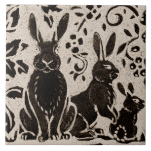 Rabbit Batik Stoneware Woodland Animal Tan Brown Ceramic Tile