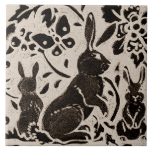 Rabbit Batik Stoneware Woodland Animal Tan Gray Ceramic Tile