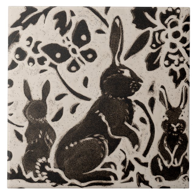 Rabbit Batik Stoneware Woodland Animal Tan Gray Ceramic Tile (Front)