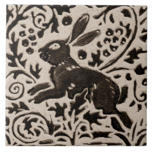 Rabbit Batik Stoneware Woodland Animal Tan Gray Ceramic Tile