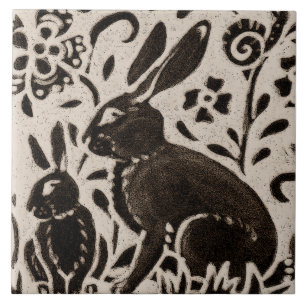 Rabbit Batik Woodland Animal Tan Gray Brown Floral Ceramic Tile
