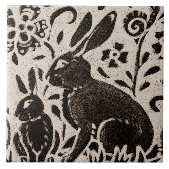Rabbit Batik Woodland Animal Tan Gray Brown Floral Ceramic Tile (Front)