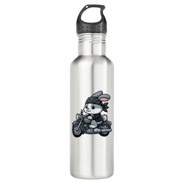 Rabbit Biker Pet Funny Motorcycle  Stainless Steel Water Bottle (Front)