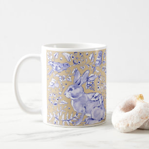 Rabbit Bird Blue Tan Elegant Floral Animal Nature Coffee Mug