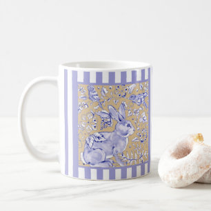Rabbit Bird Blue White Stripes Tan Floral Foliage Coffee Mug