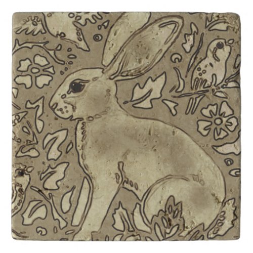 Rabbit Bird Fern Leaves Tan Taupe Gray Stone Tile Trivet
