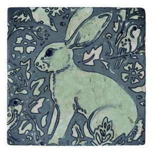Rabbit Bird Foliage Blue Aqua Vintage Stone Tile Trivet