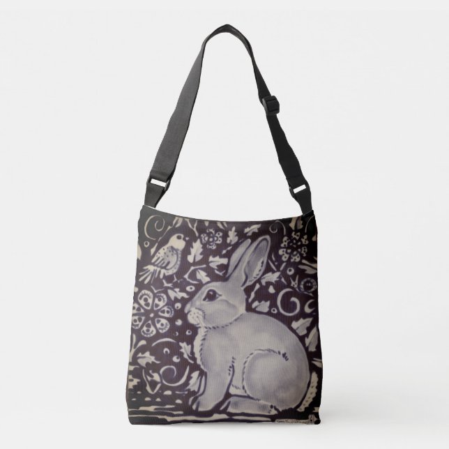 Rabbit Bird Vines Dark Indigo Toned Shopping Tote (Front)