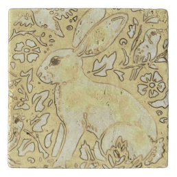 Rabbit &amp; Birds Forest Animal Cream Tan Stone Tile Trivet