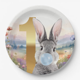 Rabbit blowing blue bubble gum First birthday Paper Plates