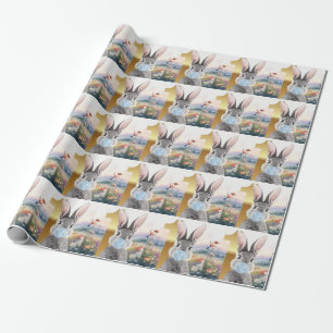 Rabbit blowing blue bubble gum First birthday Wrapping Paper
