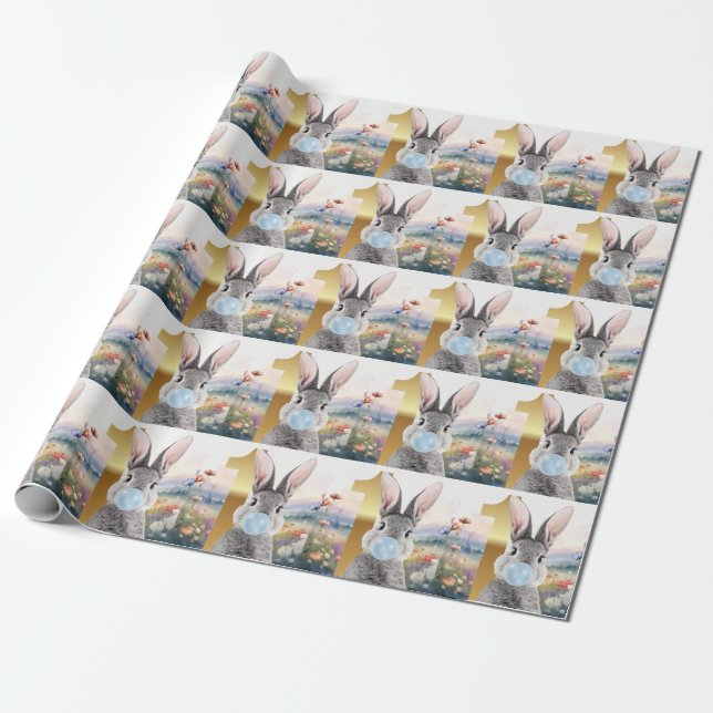 Rabbit blowing blue bubble gum First birthday Wrapping Paper (Unrolled)