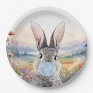 Rabbit blowing blue bubble gum with wildflowers paper plates