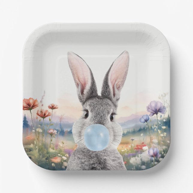 Rabbit blowing blue bubble gum with wildflowers paper plates (Front)