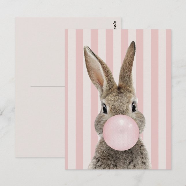 Rabbit blowing bubble gum candy cane stripes postcard (Front/Back)