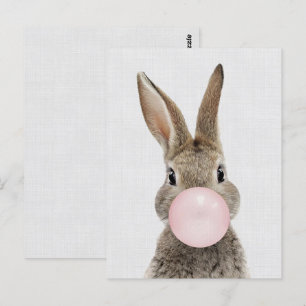 Rabbit blowing bubble gum gray linen postcard