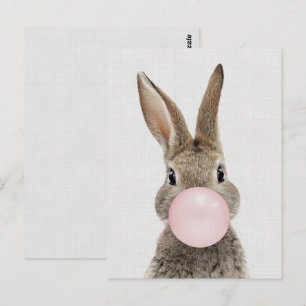 Rabbit blowing bubble gum gray linen postcard