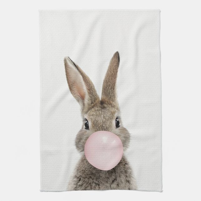 Rabbit Blowing Pink Bubble gum Kitchen Towel (Vertical)
