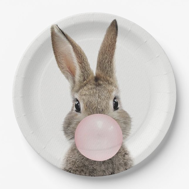 Rabbit Blowing Pink Bubble gum   Paper Plates (Front)