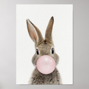 Rabbit Blowing Pink Bubble gum Poster
