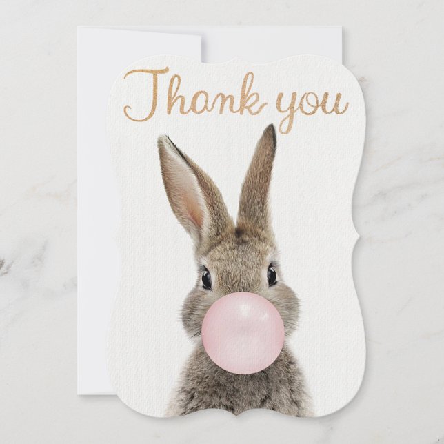 Rabbit Blowing Pink Bubble gum Thank You Card (Front)