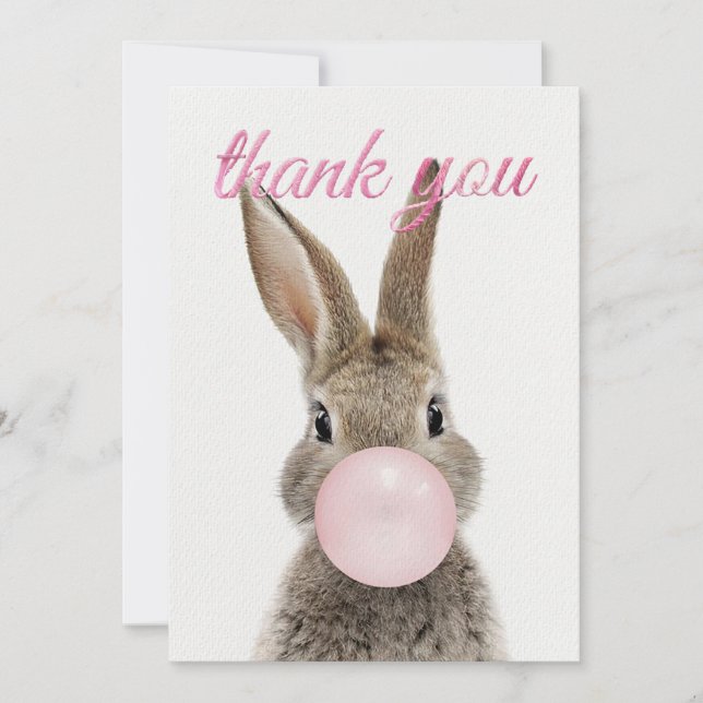 Rabbit Blowing Pink Bubble gum Thank you Invitation (Front)