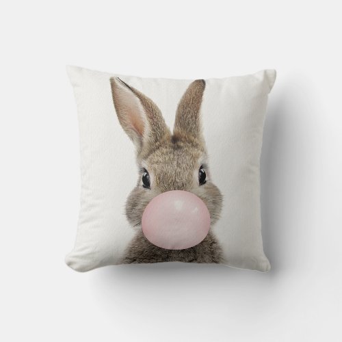 Rabbit Blowing Pink Bubble gum   Throw Pillow