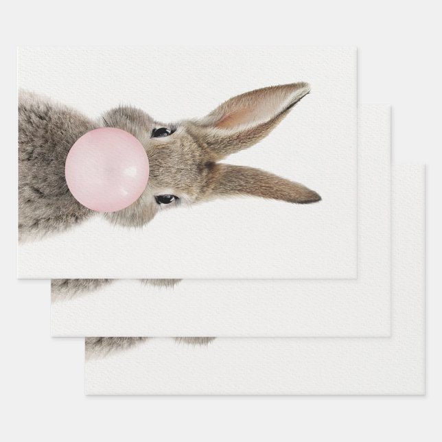Rabbit Blowing Pink Bubble gum   Wrapping Paper Sheets (Set)