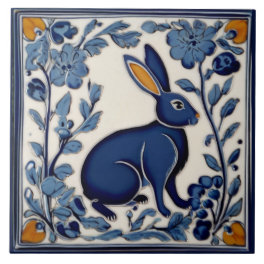 Rabbit Blue and White Folk Art Ceramic Tile