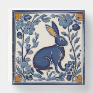 Rabbit Blue and White Folk Art Wooden Box Sign