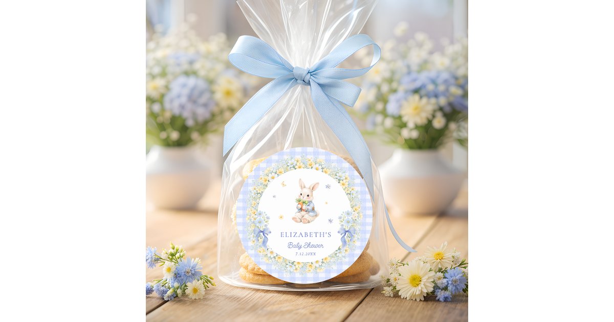Rabbit Blue Gingham Baby Shower Thank You Classic Round Sticker | Zazzle