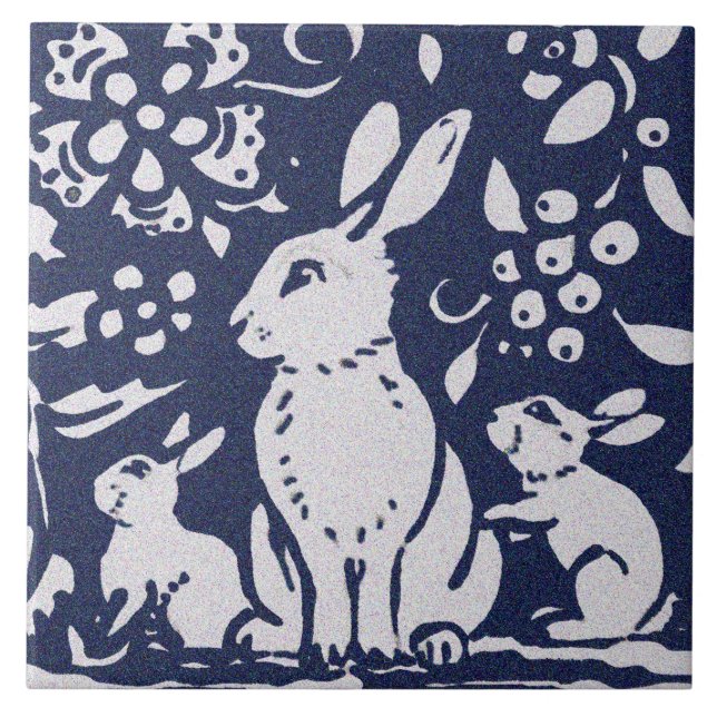 Rabbit Blue Gray Granite Stone Woodland Animal Art Ceramic Tile (Front)