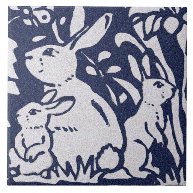 Rabbit Blue Gray Granite Stone Woodland Animal Art Ceramic Tile (Front)