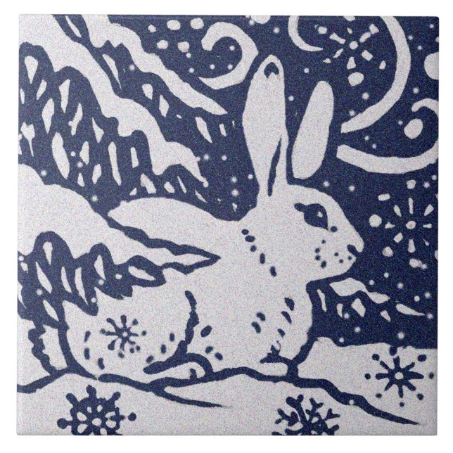 Rabbit Blue Gray Granite Stone Woodland Animal Art Ceramic Tile (Front)