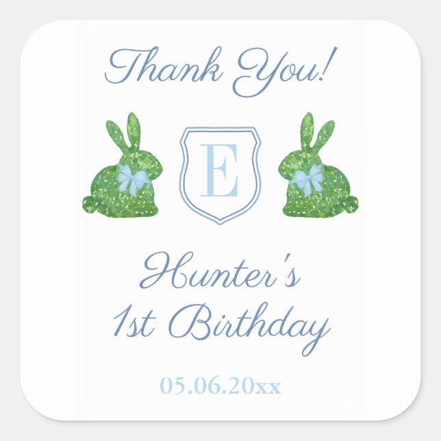 Rabbit Blue Monogram Baby Boy 1st Birthday Favor Square Sticker (Front)