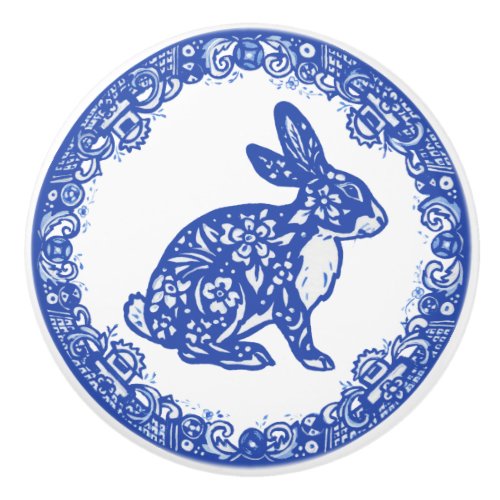 Rabbit Blue  White Design Cute Bunny Faces Right Ceramic Knob