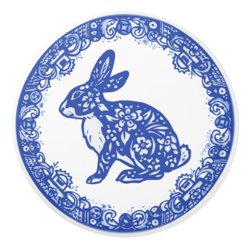 Rabbit Blue Willow Design Cute Bunny Faces Left Ceramic Knob