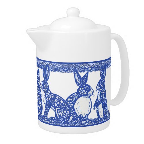 Rabbit Blue Willow Floral Design Teapot