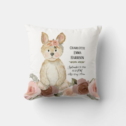 Rabbit Blush Floral Wreath Girl Baby Birth Stats Throw Pillow