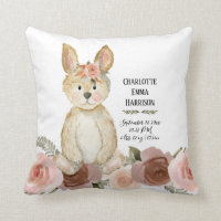 Rabbit Blush Floral Wreath Girl Baby Birth Stats Throw Pillow